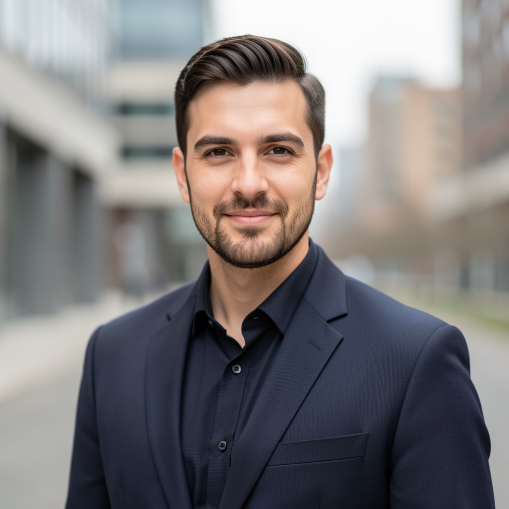 Editorial portrait of a man in a dark jacket photographed outdoors against a blurred urban background with diffused natural light