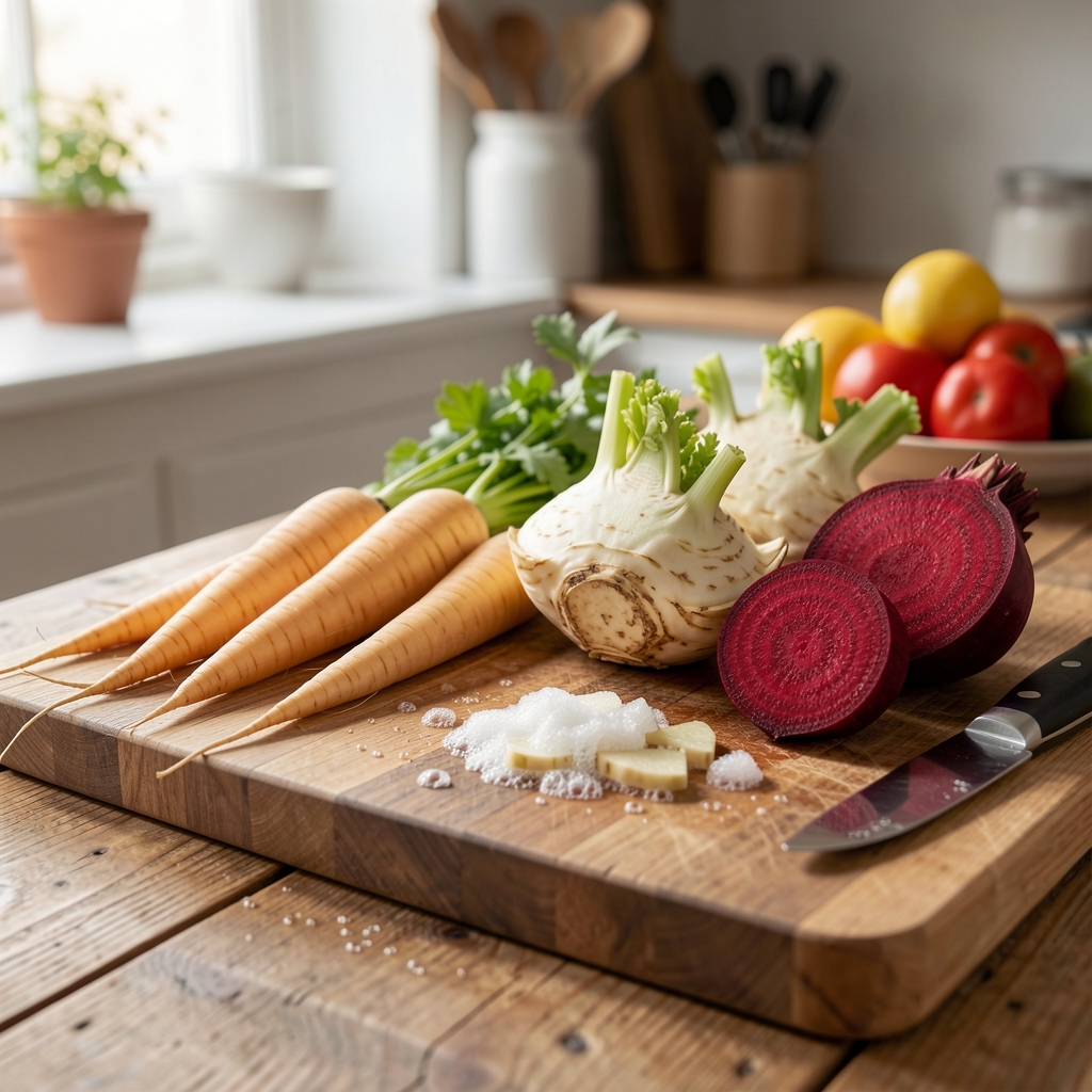 A wooden chopping board with a variety of root vegetables — parsnips, celeriac and beetroot — freshly scrubbed and laid out before preparation in soft kitchen light