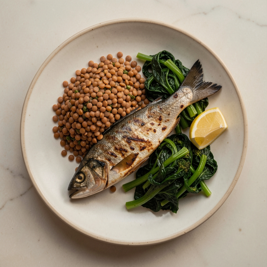 Overhead view of a nutritious whole-food dinner plate with grilled fish, a mound of cooked lentils, steamed greens and a wedge of lemon on a pale ceramic surface in evening light